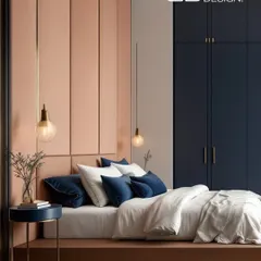 I love exploring how color can shape the feeling of a room. This bedroom combines the warmth of peach with the depth of midnight blue. The suede-paneled headboard and custom cabinetry create a space that feels like a serene, modern escape.