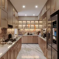A full view of the parallel kitchen, showcasing the ample counter space, marble flooring, and smart refrigerator, creating a highly functional layout.