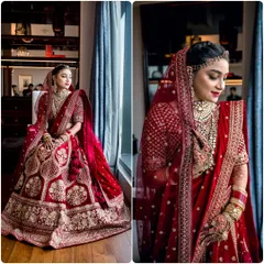 A diptych of a bride in a magnificent red lehenga. We capture both a full-length shot by the window and a closer portrait to showcase the intricate details of her attire and jewelry.