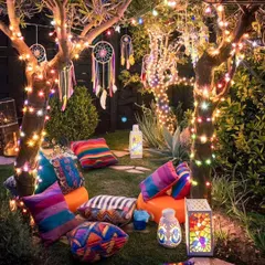 Bring the free-spirited vibe of Goa to your own backyard with this hippie-themed setup. I use colorful pillows, dreamcatchers, and lots of fairy lights to create a magical and relaxed atmosphere.