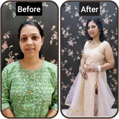 From a simple look to party-ready. This before and after showcases how students learn to create a complete glam look, including hair and outfit styling.
