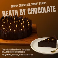 For the ultimate chocolate lover, we present our Death by Chocolate cake. It's a pure, unadulterated celebration of cocoa, featuring layers of intense, dark chocolate ganache and moist sponge, finished with delicate chocolate shards and golden pearls.
