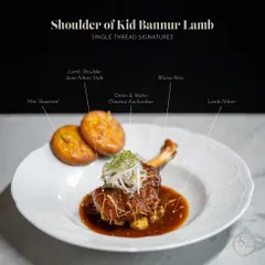 Inspired by the classic Mughlai stew, this is my Shoulder of Kid Bannur Lamb. The lamb is slow-cooked nihari-style until tender and served with mini sheermal bread and an onion and water chestnut kachumber.