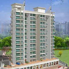 The architectural design for "Aditya Planet," a completed residential tower in Kharghar, Navi Mumbai. This project features 72 flats and 13 shops, with a design that emphasizes a sleek, uniform facade and integrated podium parking.