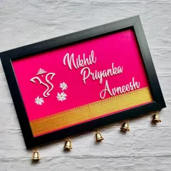 Another view of this popular English nameplate design, showing the clean 3D lettering against the rich texture of the Khun fabric.