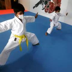 Focus and discipline start early. Here, two of our youngest students practice a fundamental karate stance, building a strong foundation in Kenyu Ryu Karate. Our kids' classes are designed to be engaging while teaching core martial arts principles.