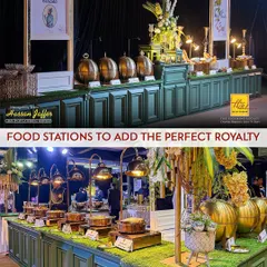 Our food stations are designed to add a touch of royalty to your event. We use custom-built counters with elegant paneling and brass-finished warmers to ensure the presentation is as magnificent as the food.