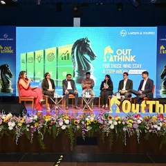 Moderating a panel is about more than asking questions; it's about steering a dynamic conversation. Here, I'm guiding a discussion on career growth with the leadership team at Larsen & Toubro's 'OutThink 2025' event.
