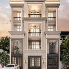 A design proposal for a Vikaspuri residence, featuring grand double-height windows and prominent chandeliers visible from the outside. This approach integrates interior luxury with the external architecture.