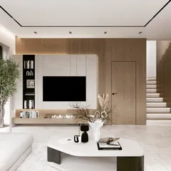 This expansive living room showcases an integrated media unit with a hidden door, creating a seamless wood-paneled wall. The design includes an electric fireplace and open shelving, combining modern aesthetics with practical functionality.