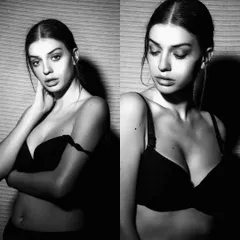 A moody, high-contrast black and white diptych of an international model in a bra, showcasing my ability to shoot bold and artistic boudoir-style portraits.