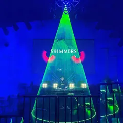 My view from the stage, framed by a laser cage and my custom 'Shimmers' Halloween visuals. The production is a huge part of the experience.