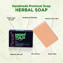 My handmade Neem Tulsi Herbal Soap is your solution for clear skin. It is formulated to fight signs of acne, soothe and hydrate, control oil, and balance your skin’s pH, leaving it feeling fresh and detoxified.