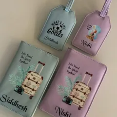 The perfect gift for a travel-loving couple. This matching set includes personalized passport covers and luggage tags in pastel blue and lavender, featuring their names and custom travel-themed artwork.