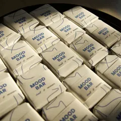 A close-up of the custom "Mood Bar" soaps I created for the Necessara and Rhea Kapoor collection launch. These were part of the PR packages, designed with a minimal and clean aesthetic to match the brand.