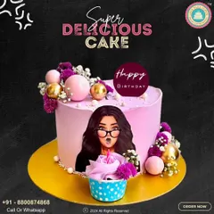 I love making birthdays extra special with personalized cakes like this one. It features a fun cartoon portrait, a "Happy Birthday" topper, and is decorated with pink and gold orbs. A matching cupcake completes this super delicious and unique birthday set.