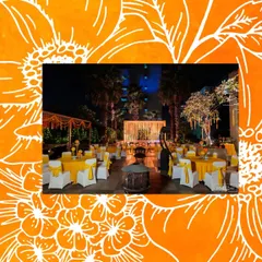 This outdoor Haldi setup at the Taj Gurgaon features bright yellow table linens and chair ties, perfectly complementing the traditional marigold decor and creating a cohesive, festive look.