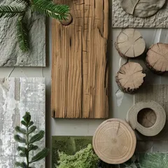 Imagine the warmth of wood, the calm of stone, and a touch of green bringing it all to life. This material board feels like stepping into a peaceful, natural escape.