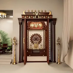 A grand and traditional pooja mandir crafted from dark wood with intricate carvings and brass details. The ornate doors open to reveal a sacred space, complete with traditional lamps.