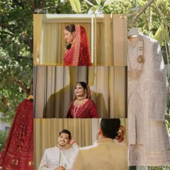 A collage showing the bride and groom getting ready, along with detail shots of their wedding attire.