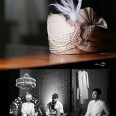 A creative collage of the groom's details. It features a close-up of his ornate safa and black and white shots of his getting-ready moments, telling a complete story.
