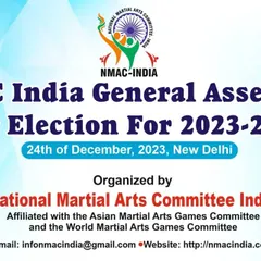 The official banner for the NMAC India General Assembly & Election for the 2023-27 term, held in New Delhi. This event is central to our governance and planning, organized by the National Martial Arts Committee India.