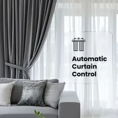 This living room features my automatic curtain control system. The grey blackout curtains and white sheers can be operated independently or together, providing flexible options for light and privacy.