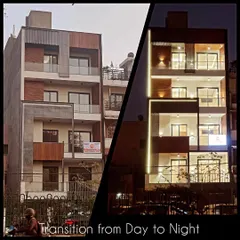 A completed project that perfectly captures our day-to-night design philosophy. The facade uses MS screens and wooden charcoal panels that look sharp in the daylight and transform into a beautifully illuminated feature in the evening.