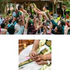 A collage depicting vibrant Hindu wedding rituals. From the groom being lifted high during the garland exchange to the couple holding hands, these images capture the energy and tradition of the ceremony.