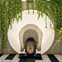 We create spaces for contemplation and peace, such as this installation featuring a Buddha head statue. The backdrop is a textured, circular stone carving with integrated lighting, framed by climbing ivy, creating a serene and spiritual focal point.
