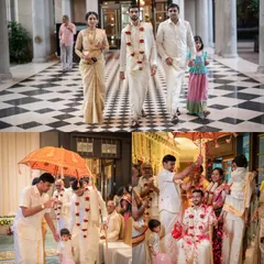 The groom's entrance is a key moment. For this South Indian wedding, we styled the groom and his family in traditional white and gold veshtis and shirts, creating a clean, classic, and unified look for the procession.