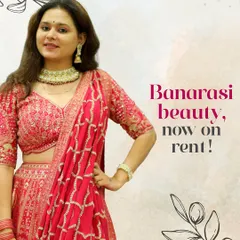 Banarasi beauty, now on rent. This graphic celebrates a happy customer in one of my most popular traditional pieces.
