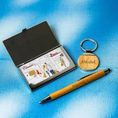My eco-friendly Bamboo Gift Set includes a card holder, a pen, and a round keychain. I can engrave a name on all three items.