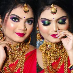 A collage showcasing the vibrant and artistic eye makeup for a South Indian bride, along with her complete look featuring heavy gold jewelry.