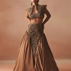 From my 'Cord Memory' collection, the Hilo lehenga showcases our signature handcrafted cord work. A structured zari jacket and placement embroidery on the skirt create a balance of texture and voluminous grace.