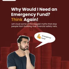 The introductory image for our series on busting myths about emergency funds. It shows a person thinking about the term "Emergency fund," prompting viewers to reconsider their assumptions about needing one.