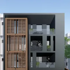 A closer view of the facade's upper levels. The interplay between the open balconies, geometric voids, and the warm texture of the wooden screens was designed to create visual interest while ensuring privacy and light for the residents.