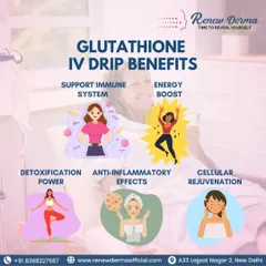 This graphic illustrates the wide-ranging benefits of a Glutathione IV Drip. It supports the immune system, provides a significant energy boost, detoxifies the body, offers anti-inflammatory effects, and promotes cellular rejuvenation for overall health and vibrant skin.