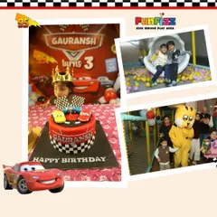 We specialize in creating magical themed birthday parties. This collage from a 'Cars' themed party shows it all: the custom cake, happy kids, fun with our mascot, and the exciting play area. Let us make your child's next birthday unforgettable.