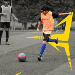 A player lines up a pass during a drill. The graphic overlay emphasizes the energy and dynamism we bring to every session.