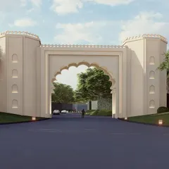 The entrance to this banquet complex is marked by a majestic gate inspired by classical Indian fort architecture. This grand entrance sets a tone of exclusivity and splendor, preparing guests for the luxurious experience that awaits within.