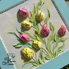 This was my first time sculpting tulips, and I was so happy with how they turned out. I focused on capturing their unique cup shape and arranged them in a simple bouquet on a square panel with a lovely blue frame.