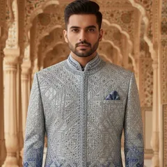 A closer look at the stunning detail on my ombre sherwani. You can see the precise geometric patterns and the subtle shimmer that makes this piece so special. It’s a work of art you can wear.