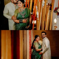 A collage of couple portraits from the Sreemantham event. These photos capture the couple's happiness and partnership amidst the celebration.