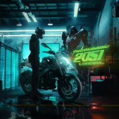 "Pulsarmania 2051 Loading..." This image sets a futuristic, cyberpunk tone for the campaign, showing a rider preparing their bike in a high-tech garage.