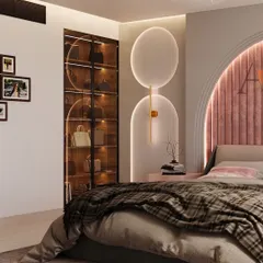 Function meets luxury with this custom-designed glass wardrobe, perfect for displaying a curated collection of accessories. Integrated lighting turns storage into a statement piece, adding a boutique-like feel to the bedroom.
