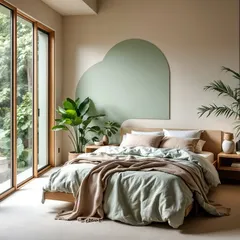 A Japandi-inspired bedroom concept where a soft, arched headboard in mint green contrasts beautifully with the neutral, earthy tones of the room.