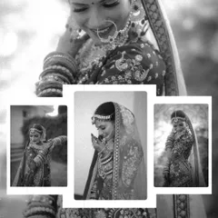 A beautiful black and white photo collage of a bride. This collection of fine-art portraits captures her joyful expressions and the delicate details of her traditional attire and jewelry in a timeless monochrome style.