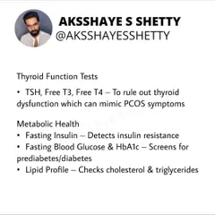 To properly diagnose PCOS, we must rule out other conditions. I guide my mentees to understand tests for thyroid function (TSH, T3, T4) and metabolic health (Fasting Insulin, HbA1c, Lipid Profile), which can present with similar symptoms.