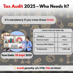 A tax audit is mandatory if your business turnover crosses certain limits, and the rules are different for cash versus digital transactions. This visual breaks down the thresholds for businesses and professionals for the assessment year 2025-26. I can help you determine if you need an audit and ensure you file by the due date to avoid heavy penalties.